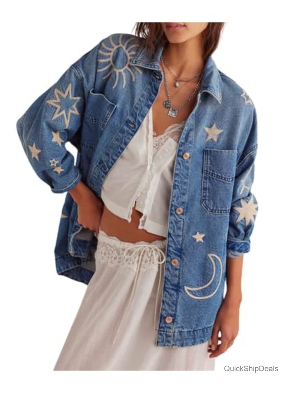 Womens Oversized Denim Jacket Embroidered Graphic Loose Fit Button Down Jean
